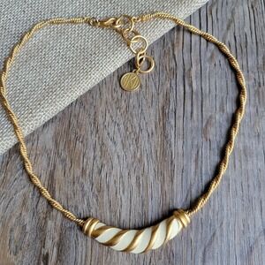Anne Klein necklace matte‎ gold twist chain white enamel crescent 1990s vintage
